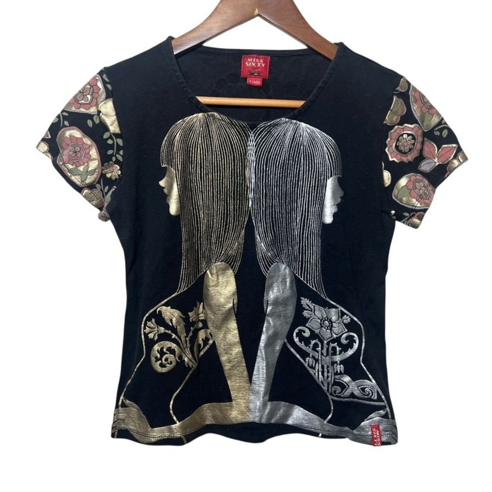 Vintage‎ Miss Sixty Y2K Metallic Graphic Tee Women XL Italy Floral Foil Top Rare